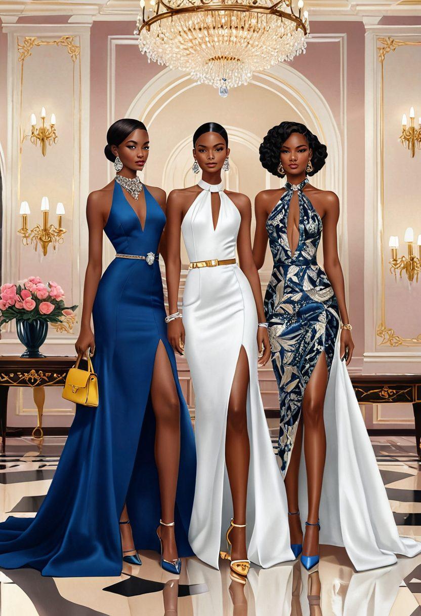 A glamorous fashion scene featuring a diverse group of elegantly dressed individuals showcasing key pieces and accessories, such as statement jewelry, stylish handbags, and chic shoes. The backdrop should be a luxurious setting with soft lighting and a stylish atmosphere, emphasizing elegance and sophistication. Include a touch of glamour with vibrant colors and eye-catching details. vector art. vibrant colors. elegant background.