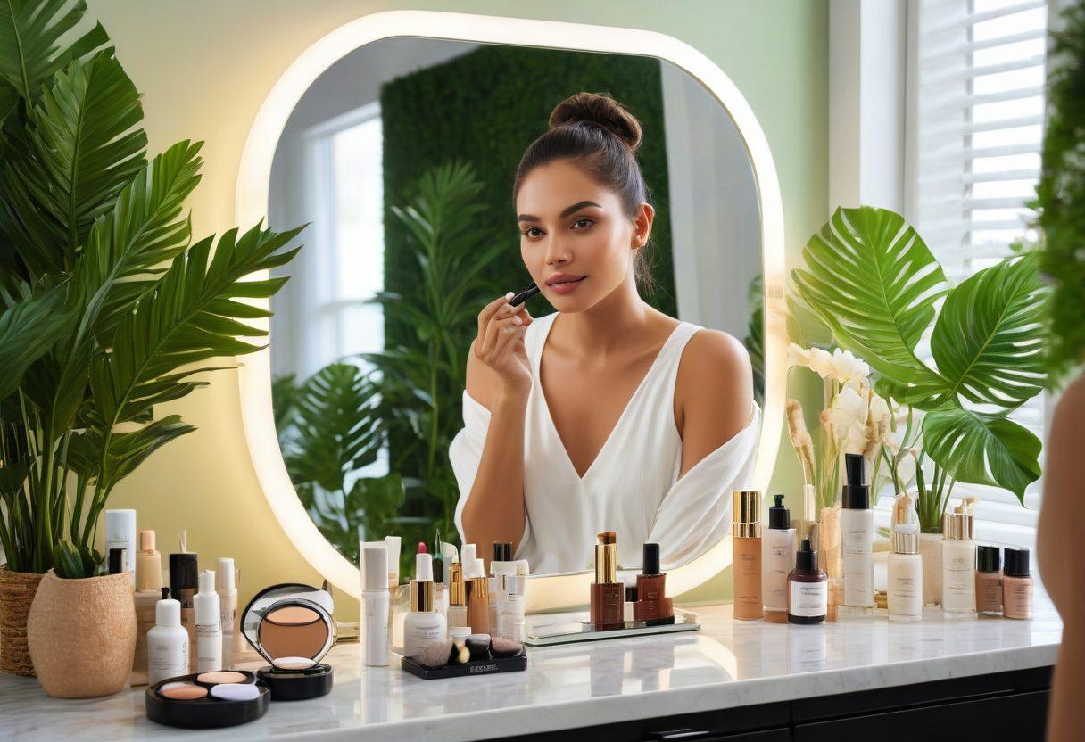 A chic vanity setup showcasing a luxurious collection of skincare products and elegant makeup tools, with a soft natural light highlighting the textures of the creams and colors of the makeup. A stylish woman applying skincare in the mirror, with a backdrop of lush green plants and a hint of sophistication in the decor. The overall ambiance conveys modern elegance and self-care, inviting the viewer to elevate their appearance. super-realistic. vibrant colors. soft focus.