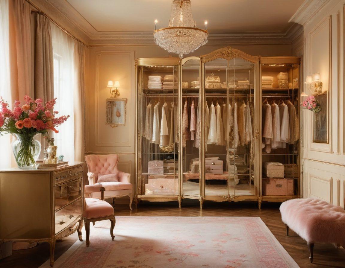 A captivating wardrobe filled with elegant clothing, lush fabrics and glamorous accessories, bathed in soft golden light. Display a stunning mix of vintage and contemporary fashion pieces, surrounded by delicate flowers and shimmering mirrors. Showcase an inviting dressing room atmosphere with plush furnishings and chic decor. super-realistic. vibrant colors. soft lighting.